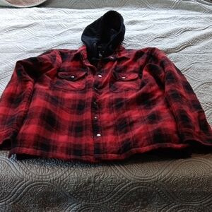 Jared Lang Red and Black Plaid Hooded Flannel Jacket Large